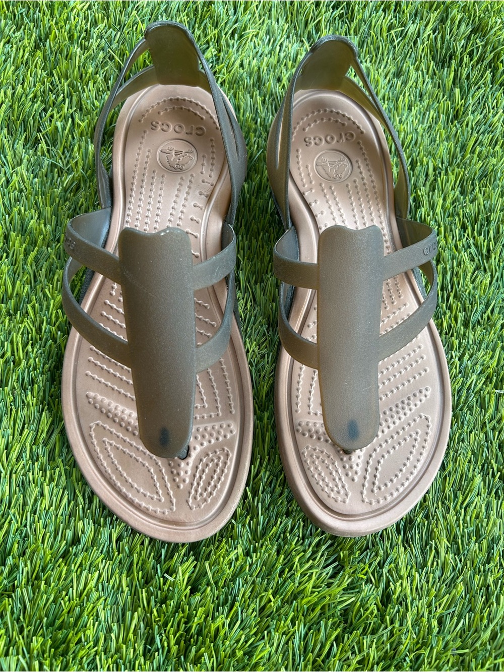 CROCS woman’s brown and Tan T-Strap Sandals